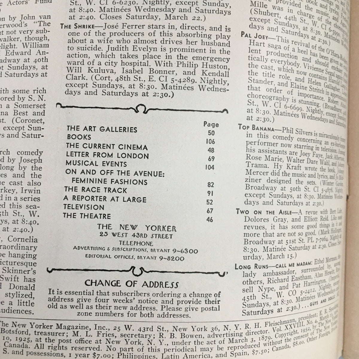 The New Yorker Magazine March 15 1952 interior page featuring content listings and articles, showcasing classic journalism and vintage typography.