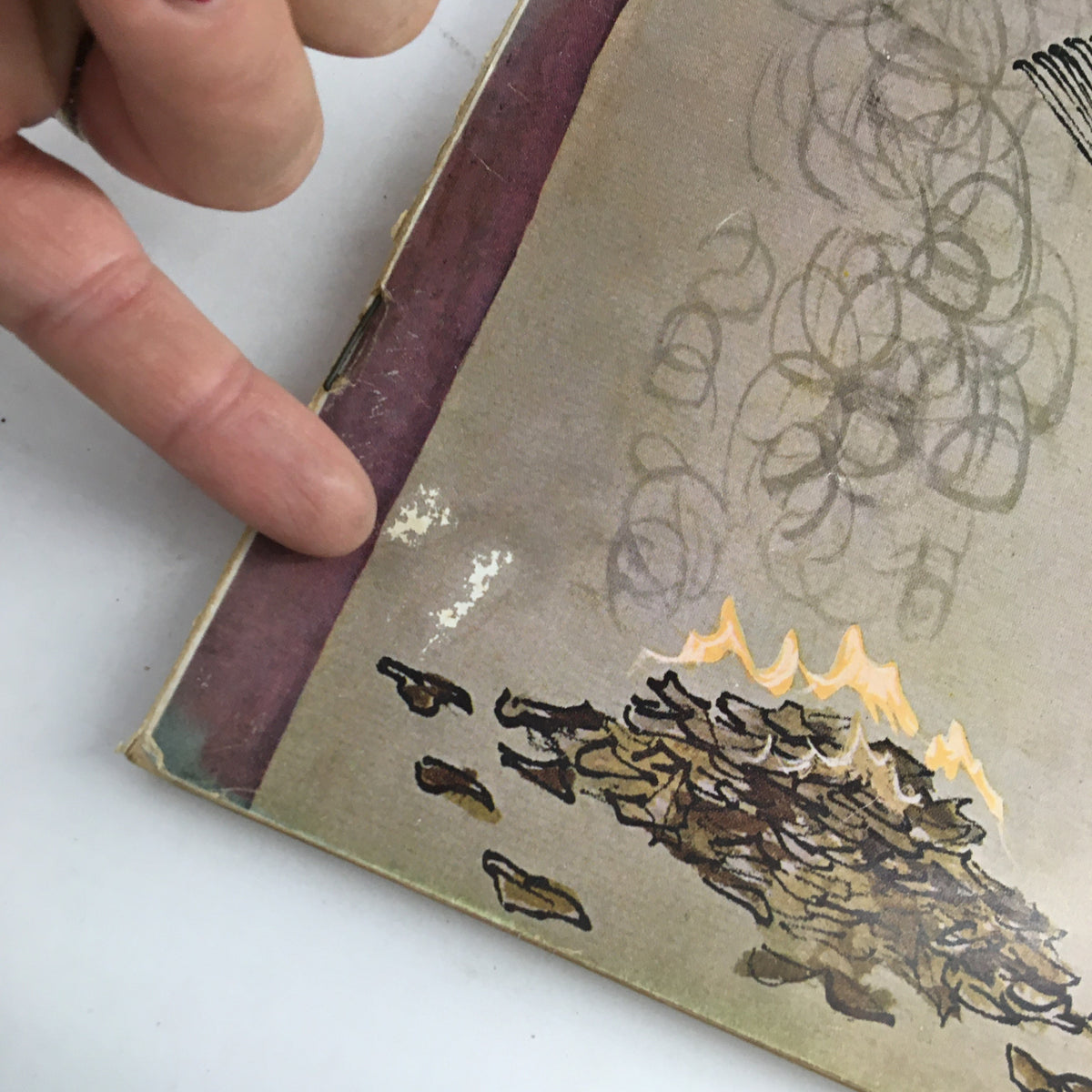 Close-up view of the edge of The New Yorker Magazine October 14 1967 theme cover by William Steig, highlighting minor wear and unique artwork details.