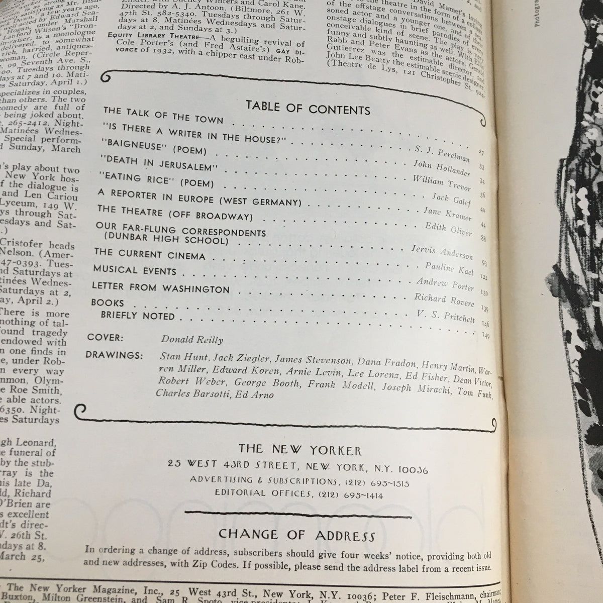 Table of contents page from The New Yorker Magazine March 20, 1978 featuring articles, cover artist Donald Reilly's name, and details about the magazine's editorial offices. Ideal for collectors and fans of vintage magazines.