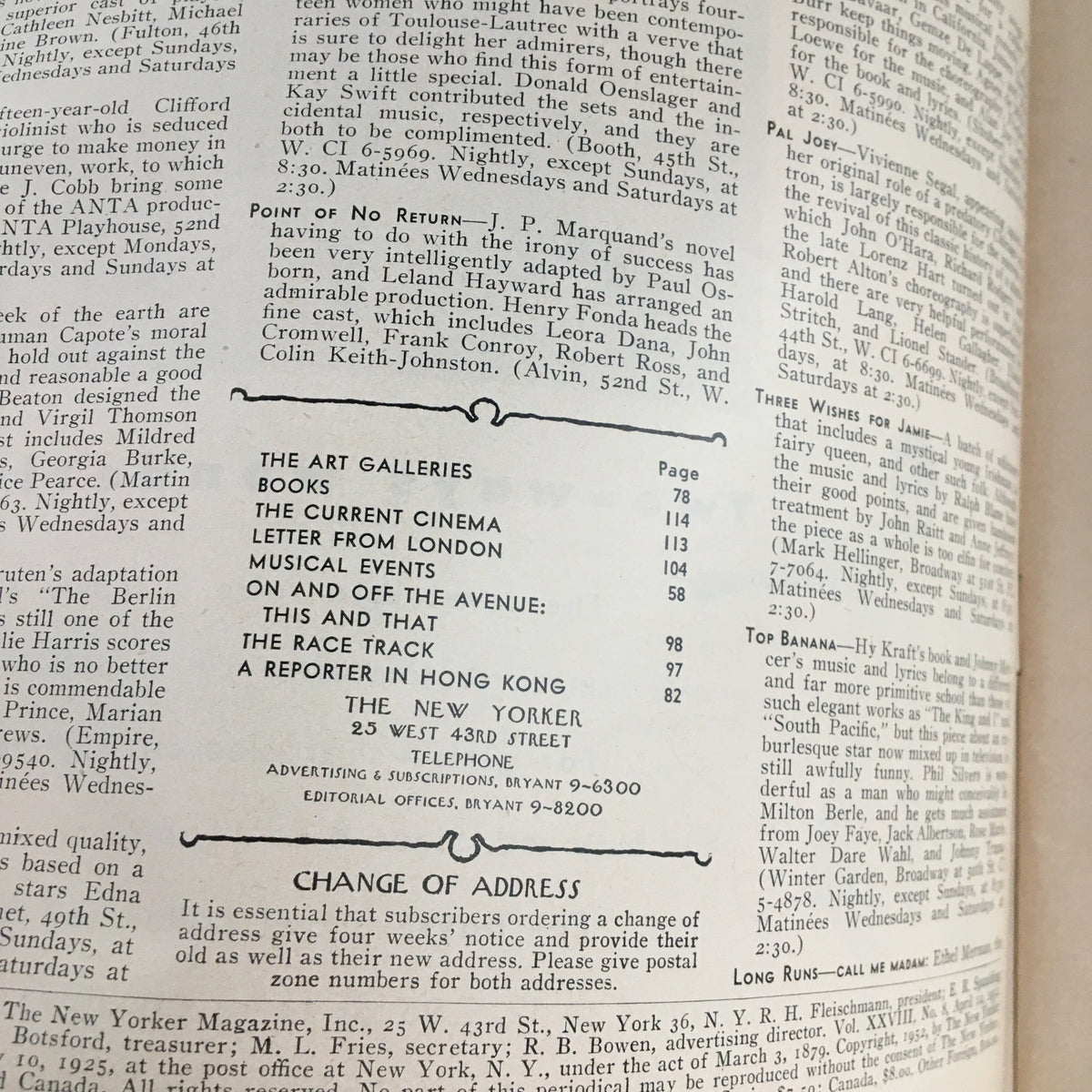 Inside view of The New Yorker Magazine from April 12, 1952, featuring content page highlights including art galleries and cinema listings, showcasing vintage 1950s advertising and design.