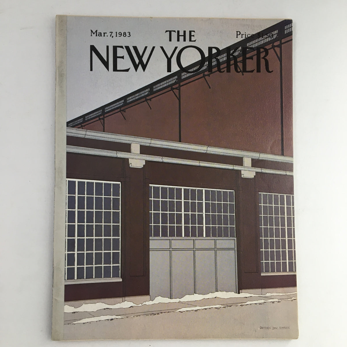 Cover of The New Yorker Magazine March 7 1983 featuring artwork by Gretchen Dow Simpson, showcasing a building with large windows and a snow-covered ground.