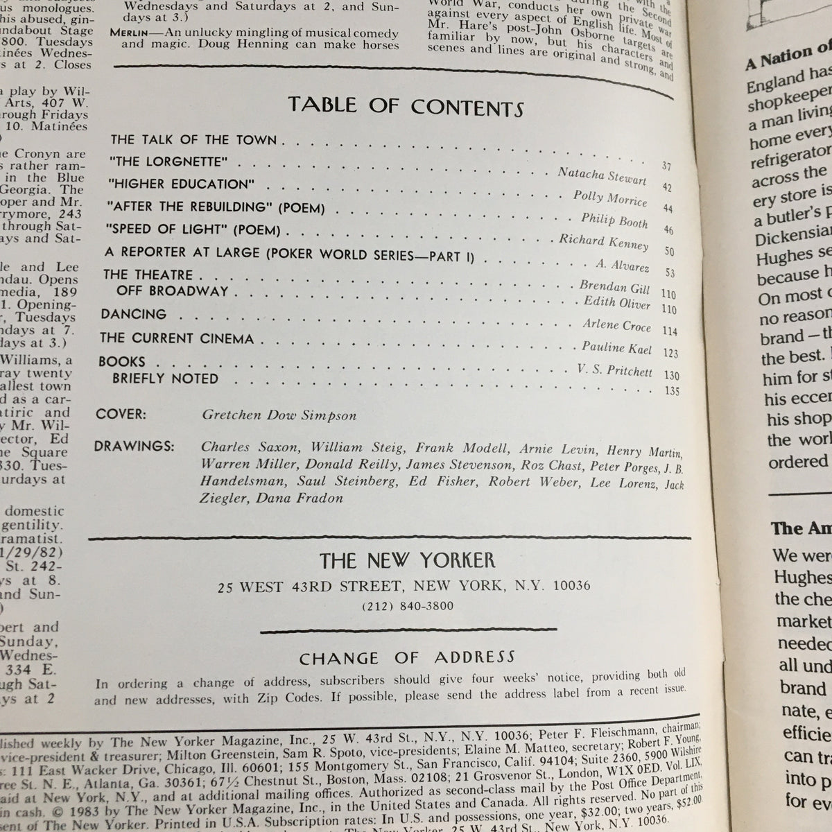 Table of contents page from The New Yorker Magazine March 7 1983, featuring a list of articles and contributors including cover artist Gretchen Dow Simpson.