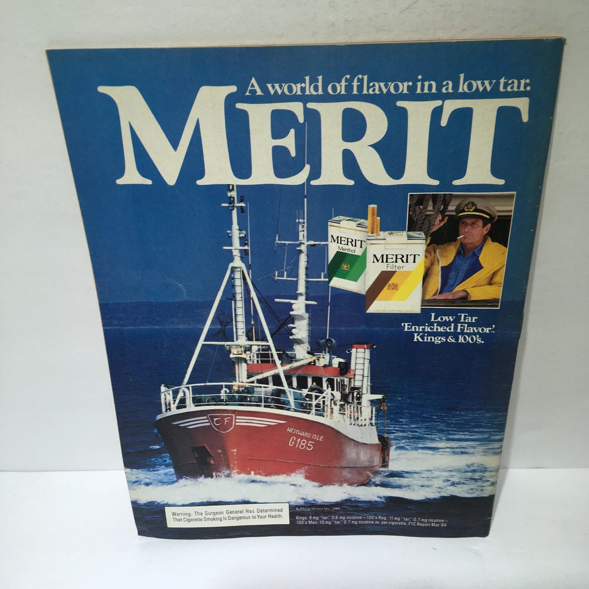 An advertisement for Merit cigarettes found on the back cover of the Time Magazine September 24, 1984 issue, emphasizing tobacco branding.