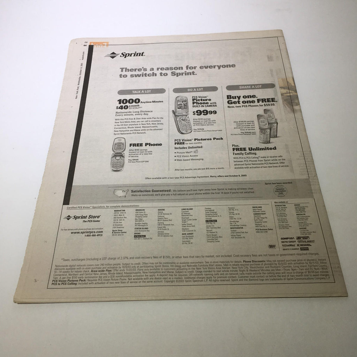 Advertisement page from the New York Post, showcasing Sprint plans and offers, dated October 8, 2003, correlating with the feature of "Haunted Red Sox Brace 4 Yanks & Curse of Bambino."