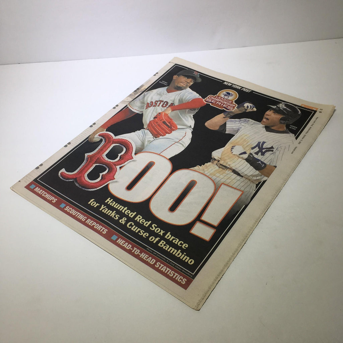Cover page of the New York Post from October 8, 2003, featuring the headline "Boo!" related to the Haunted Red Sox brace for the Yankees and the Curse of Bambino.
