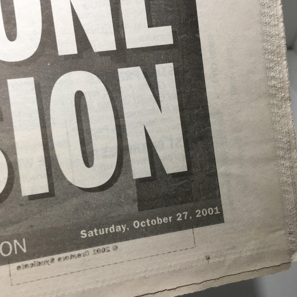 Close-up of the date from NY Daily News, October 27, 2001, featuring the title 'NY Daily News: Oct 27 2001 Yanks Taking Series All But A FourGone Conclusion'.