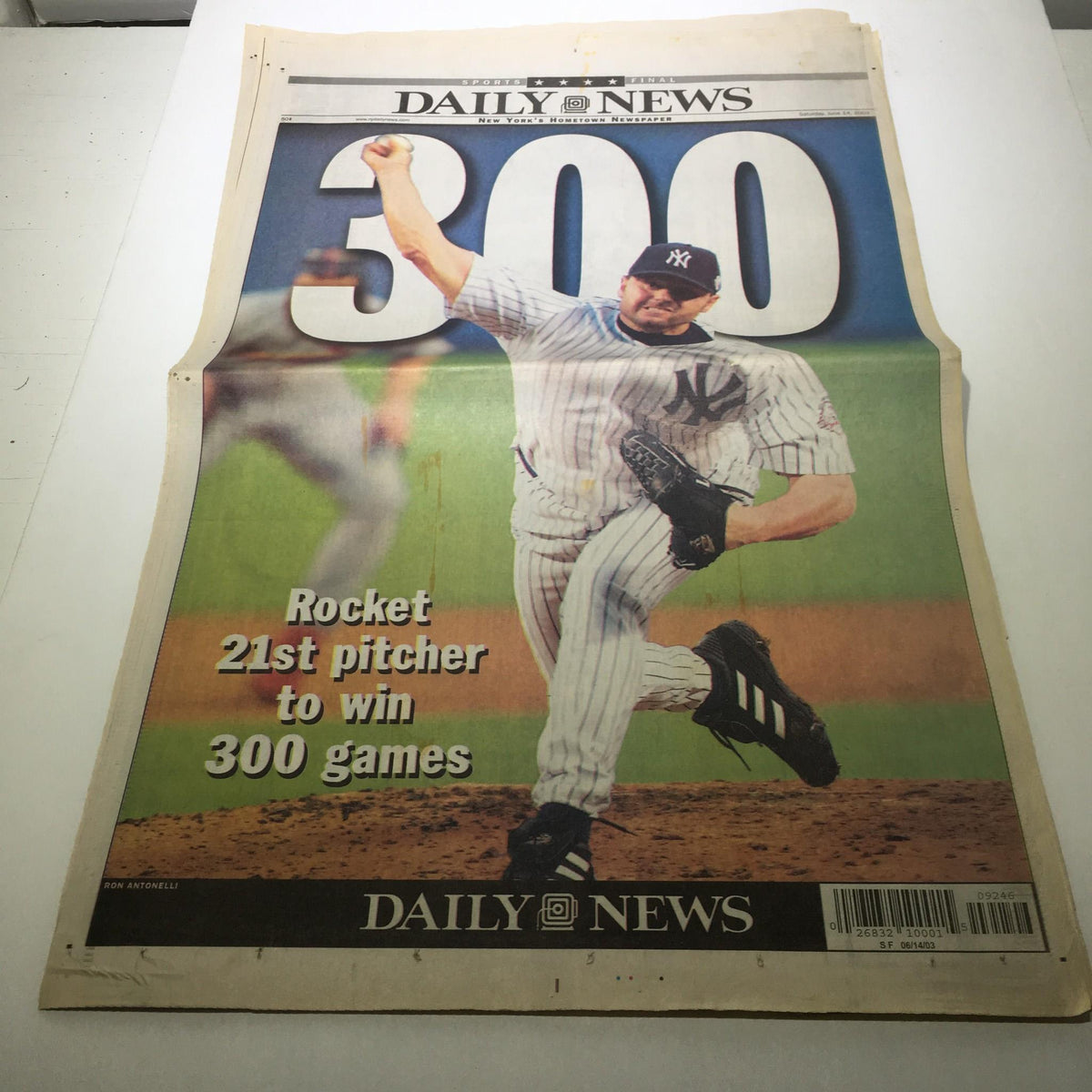 NY Daily News front page from June 14, 2003 featuring Rocket as the 21st pitcher to win 300 games with a prominent image of him pitching.