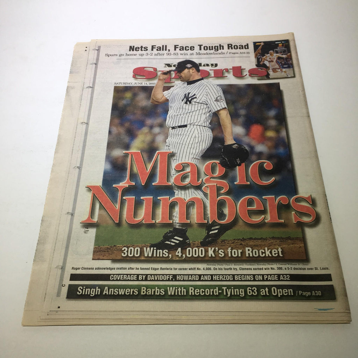 Newsday Sports front page showcasing the title 'Magic Numbers' with an image of a baseball player, highlighting Rocket Clemens' accomplishments of 300 wins and 4,000 strikeouts.