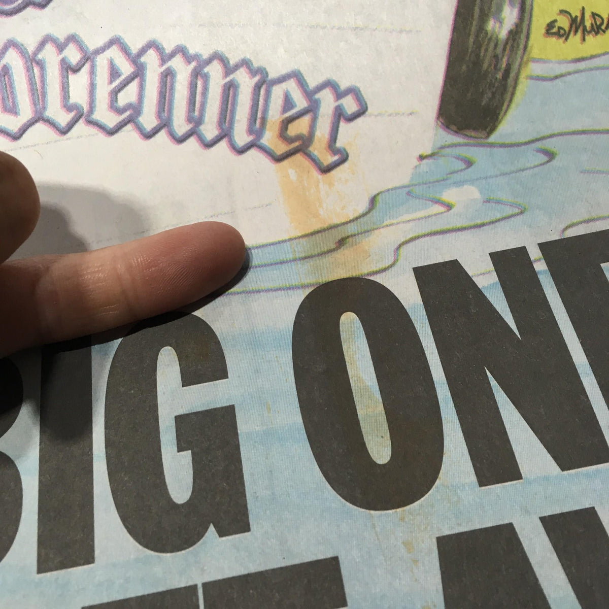 Detailed view of the NY Daily News headline, 'THE BIG ONE WON'T GET AWAY', showing minor staining on the lower section.