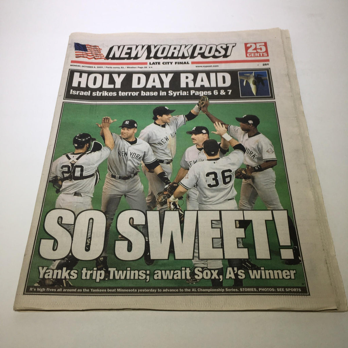 New York Post front page from October 6, 2003, featuring the headline "SO SWEET! Yanks trip Twins; Await Sox, A's winner" with a photo of New York Yankees players celebrating.
