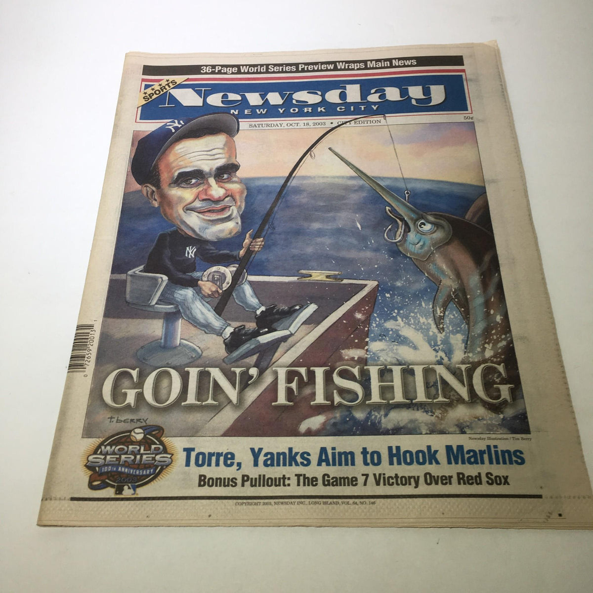Newsday newspaper cover from October 18, 2003, featuring a cartoon of Torre fishing, titled 'Goin' Fishing Torre, Yanks Aim To Hook Marlins'.