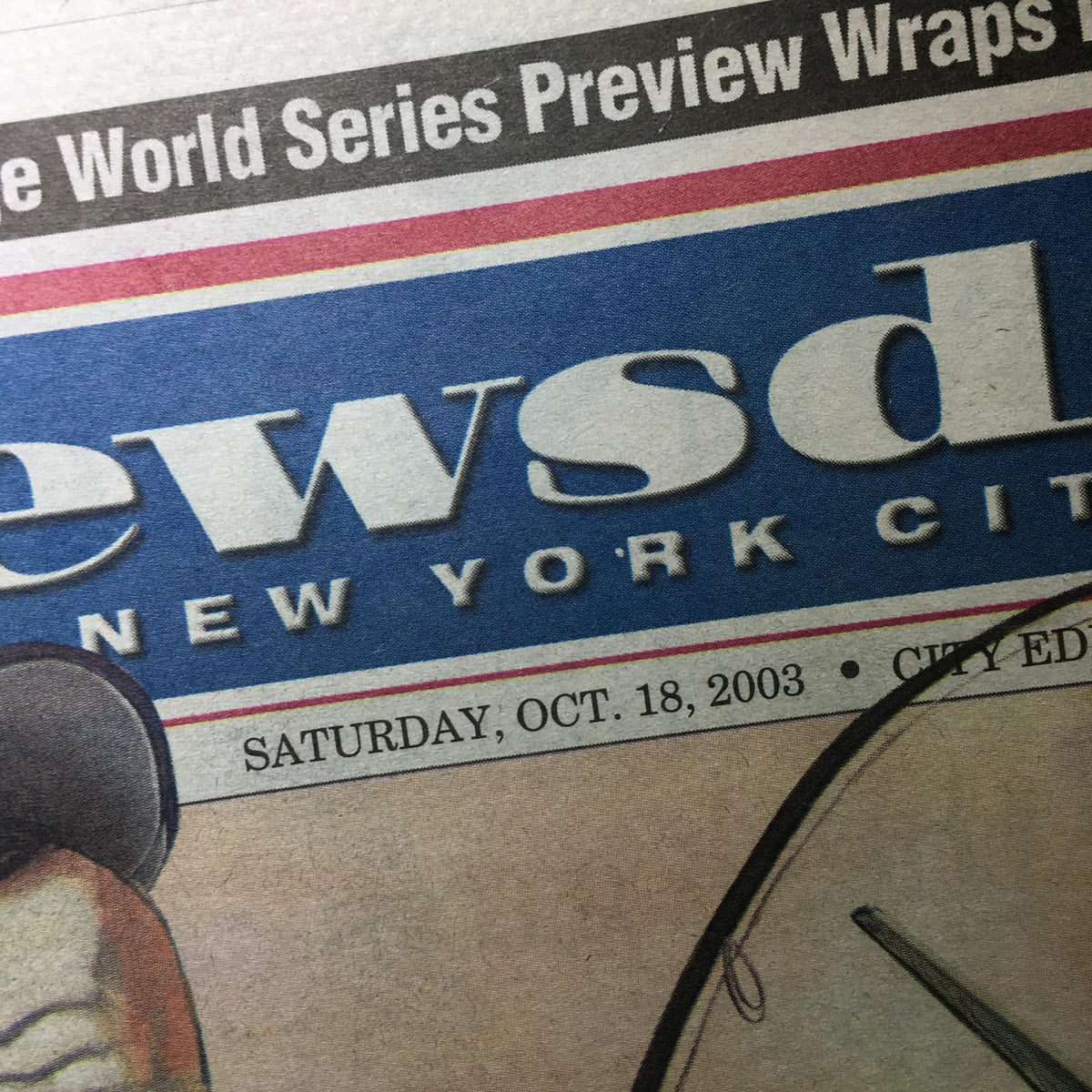 Close-up of Newsday logo and date 'Saturday, Oct. 18, 2003', from the newspaper issue featuring 'Goin' Fishing Torre, Yanks Aim To Hook Marlins'.