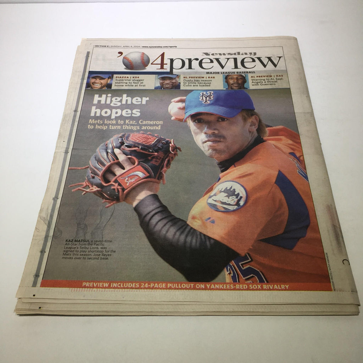 Cover of Newsday preview section showing a New York Mets player, with the title "Newsday: April 4 2004 The Great Race Yankees, Red Sox Set For Classic Run" and highlighting higher hopes for the team this season.