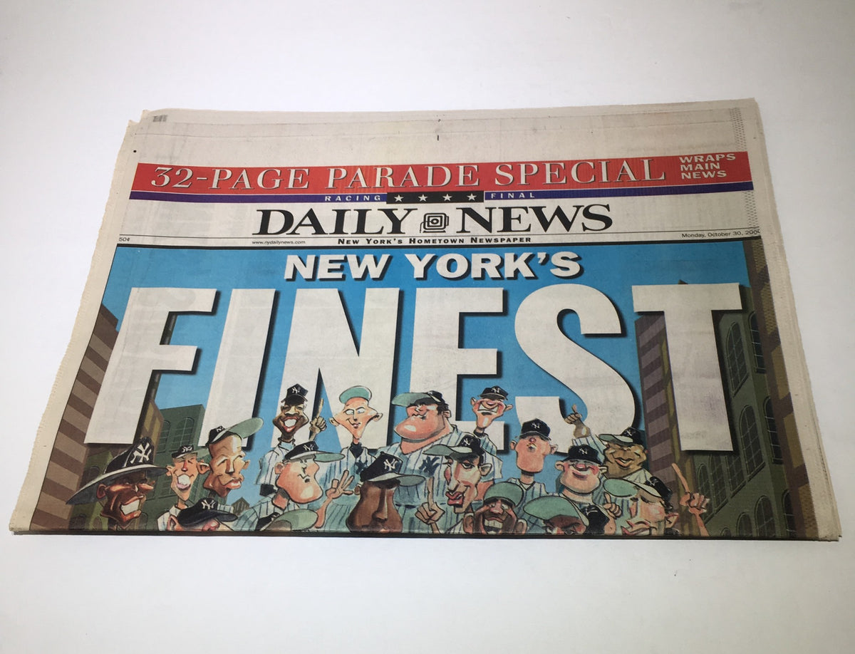 NY Daily News: Oct 30 2000 cover titled 'New York's Finest', showing vibrant illustrations of police and Yankees players in a parade special.