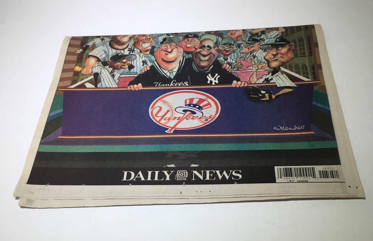 NY Daily News: Oct 30 2000 back cover featuring caricature of Yankees players celebrating, emphasizing the theme 'New York's Finest'.