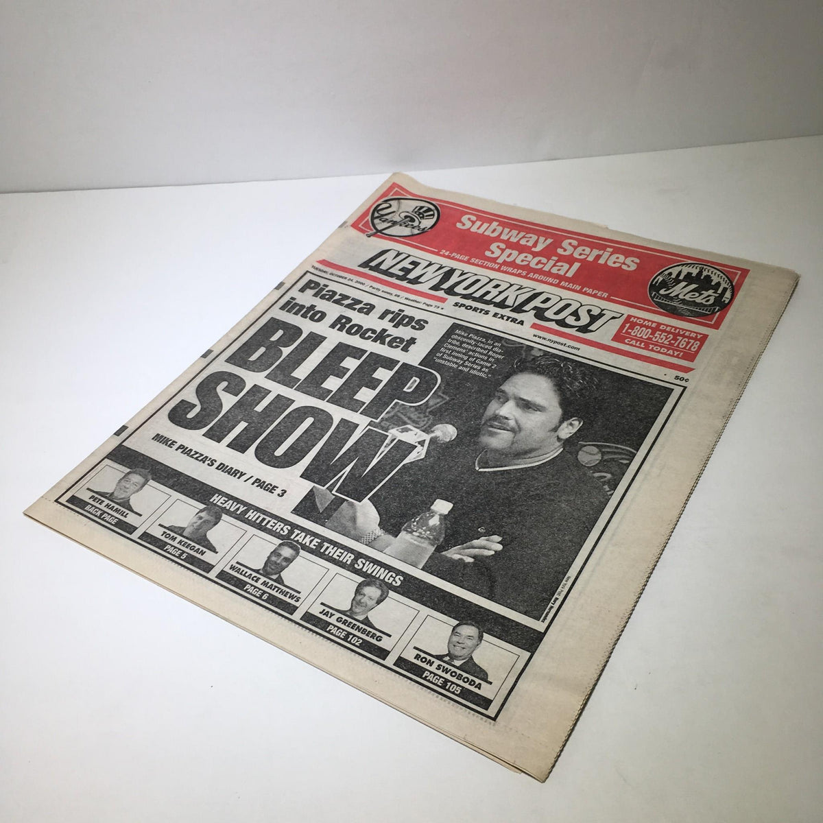 Front cover of the New York Post dated October 24, 2000, displaying the headline 'Piazza Rips Into Rocket Bleep Show' along with images of players and relevant commentary.