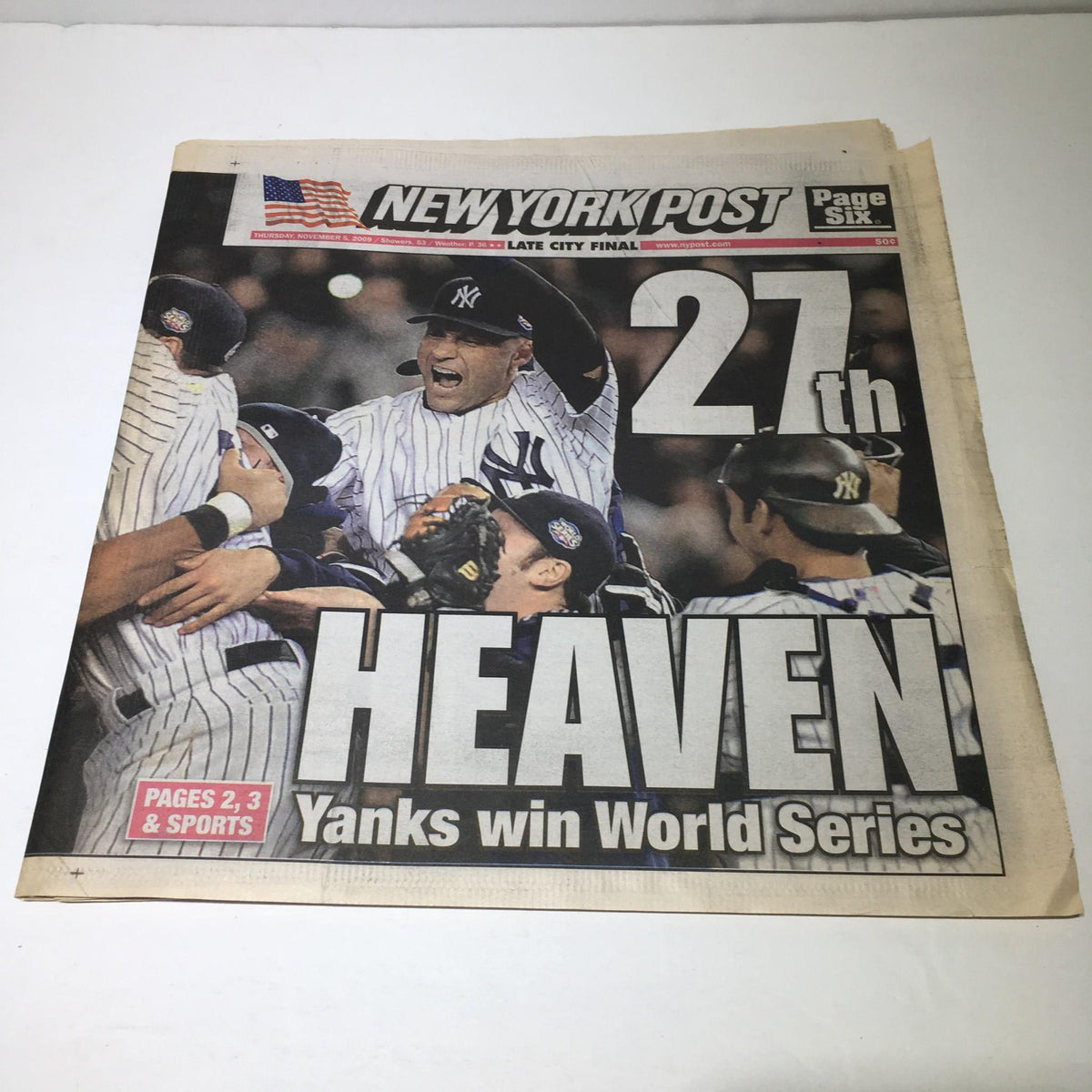 Cover of the New York Post dated Nov 5, 2009, featuring the headline '27th Heaven Yanks Win World Series' with celebrating Yankees players.