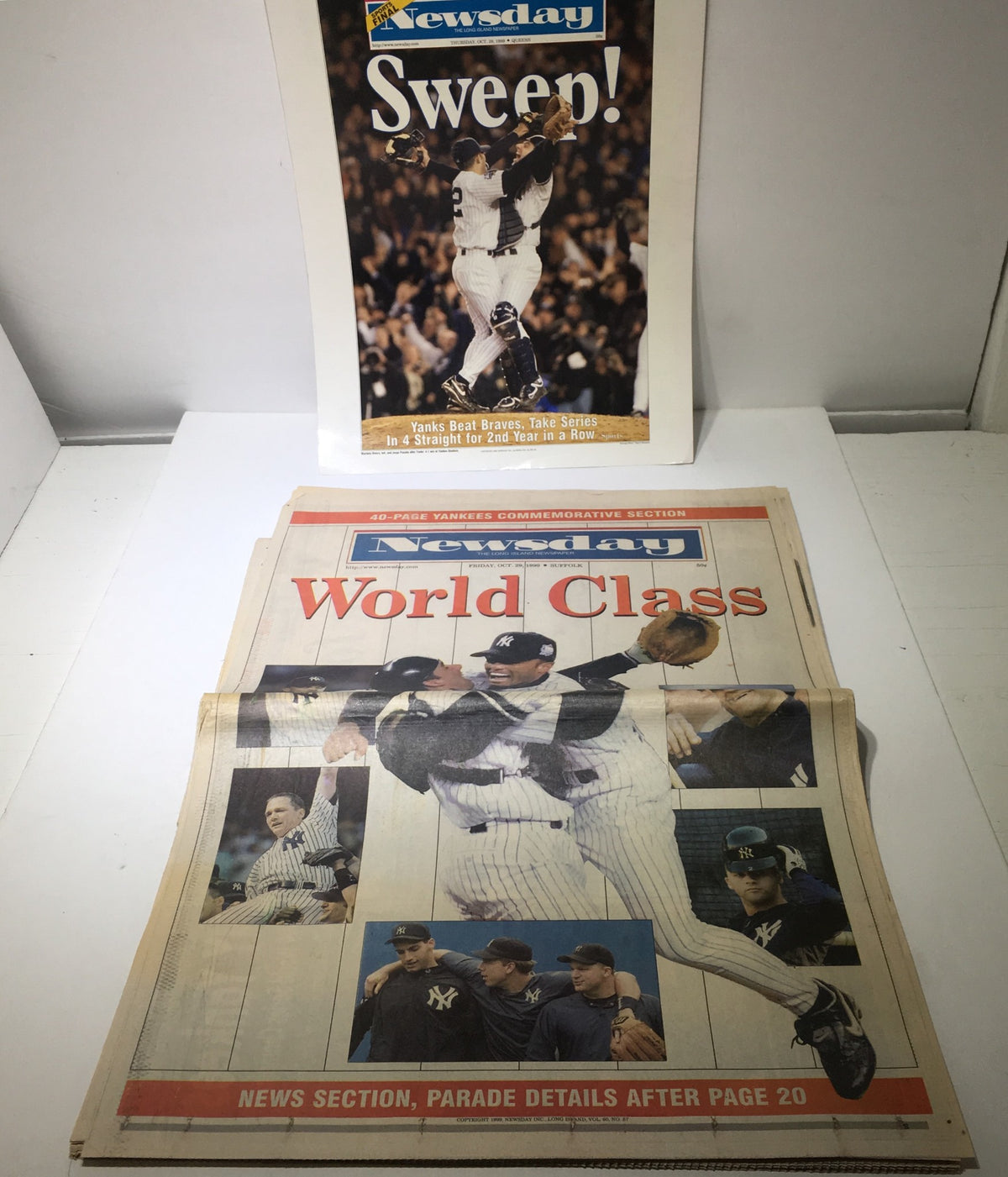 Newsday: October 29 1999 issue featuring the New York Yankees World Series celebration, with images of players celebrating and the headline 'Sweep!' on the top.