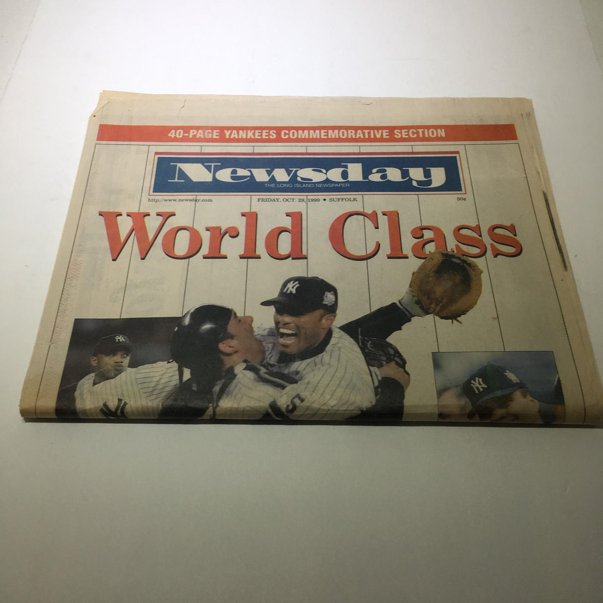 Front page of Newsday: October 29 1999 showcasing the Yankees World Series victory, highlighting players in celebration with prominent title 'World Class'.