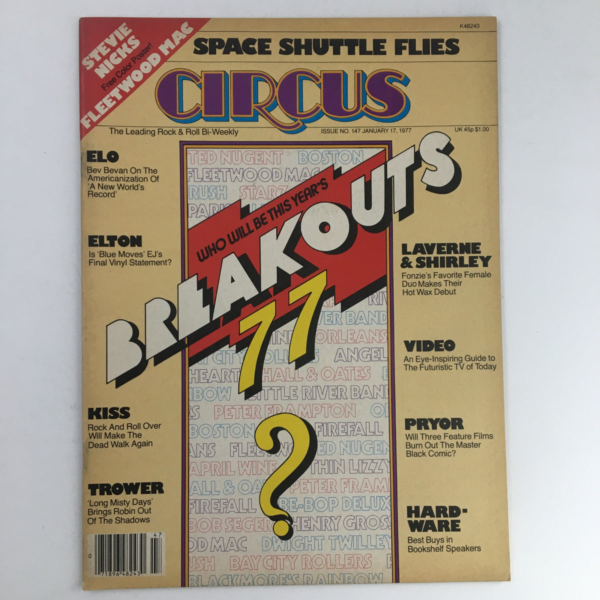 Cover of Circus Magazine from January 17, 1977 featuring Ted Nugent, Stevie Nicks, and the headline 'Who Will Be This Year's Breakouts?' This vintage magazine is a collectible for rock music enthusiasts.