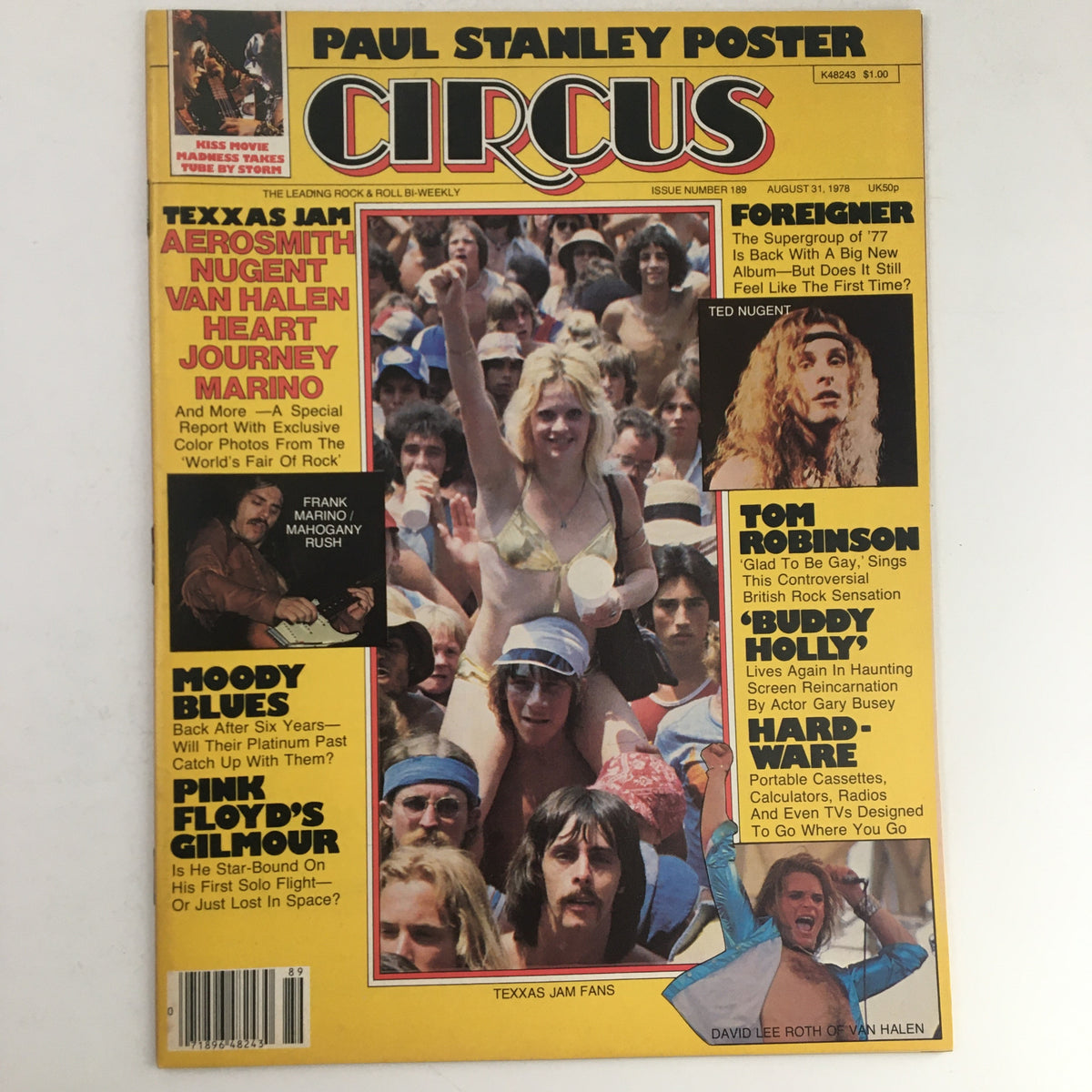 Circus Magazine August 31 1978 cover featuring Texxas Jam fans, Paul Stanley poster, and prominent rock artists like Aerosmith, Van Halen, and Journey. A must-have collectible for music enthusiasts.