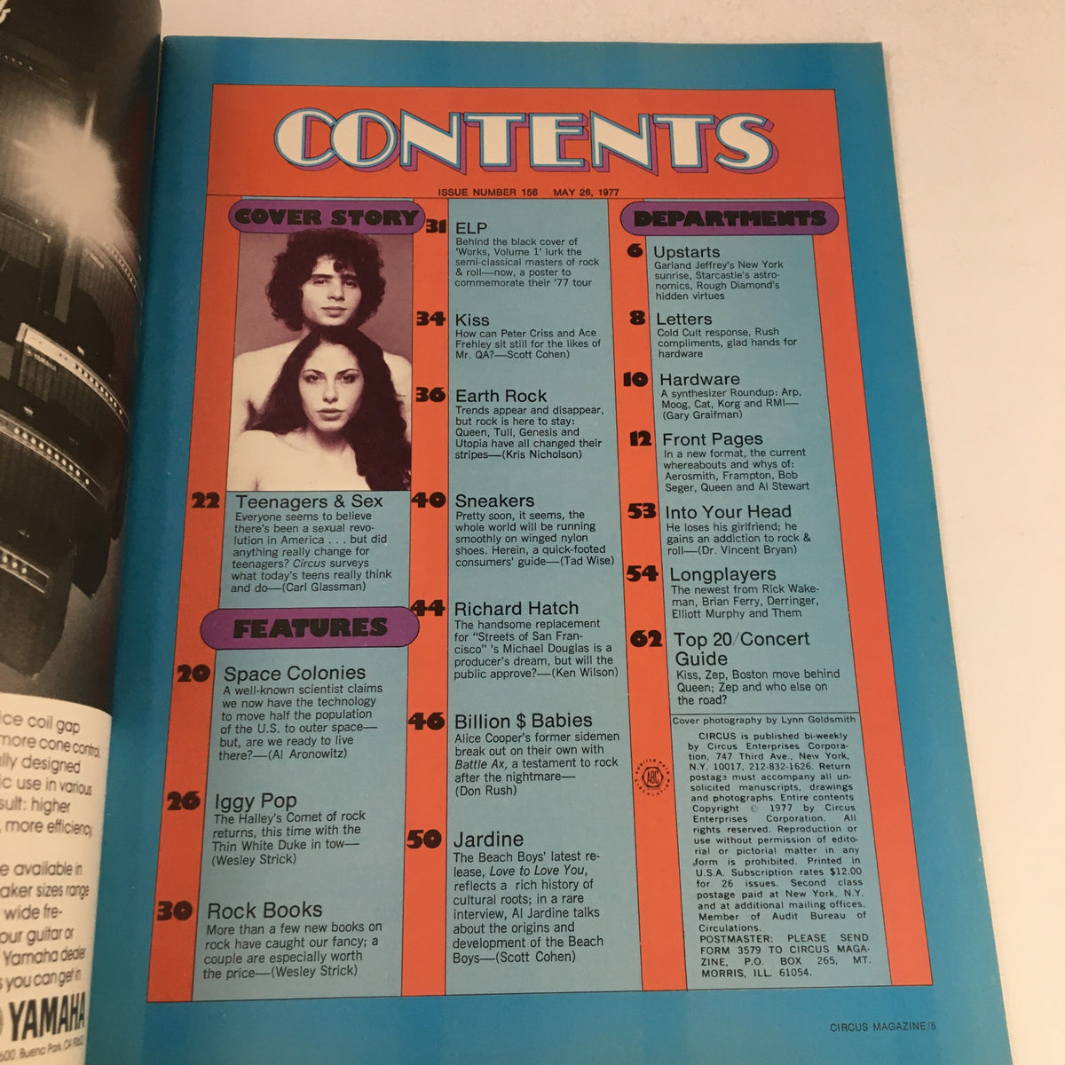 Contents page of Circus Magazine May 26 1977 featuring articles including ELP cover story, Iggy Pop, and more. A vintage magazine essential for music history enthusiasts.