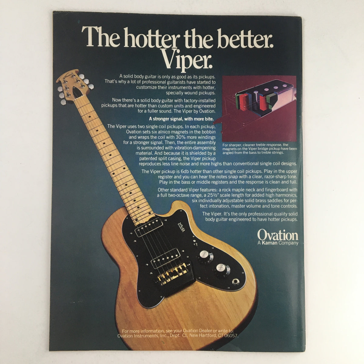 Advertisement for the Viper guitar by Ovation in Circus Magazine May 26 1977. Highlights features of the guitar emphasizing its quality pickups and design, appealing to musicians.