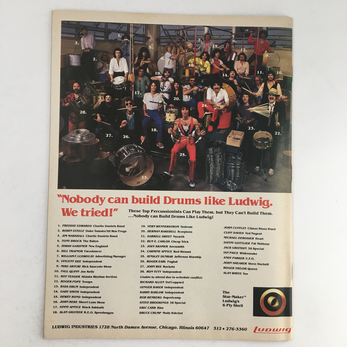 Advertisement page for Ludwig drums from Circus Magazine January 31 1981, showcasing top percussionists and promoting Ludwig drum products.