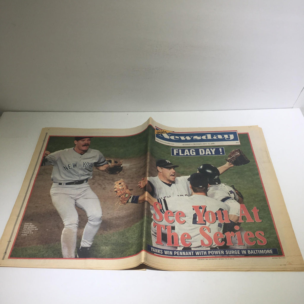 Newsday headline from October 14, 1996, featuring the title 'See You At The Series' with a celebration image of New York Yankees players.