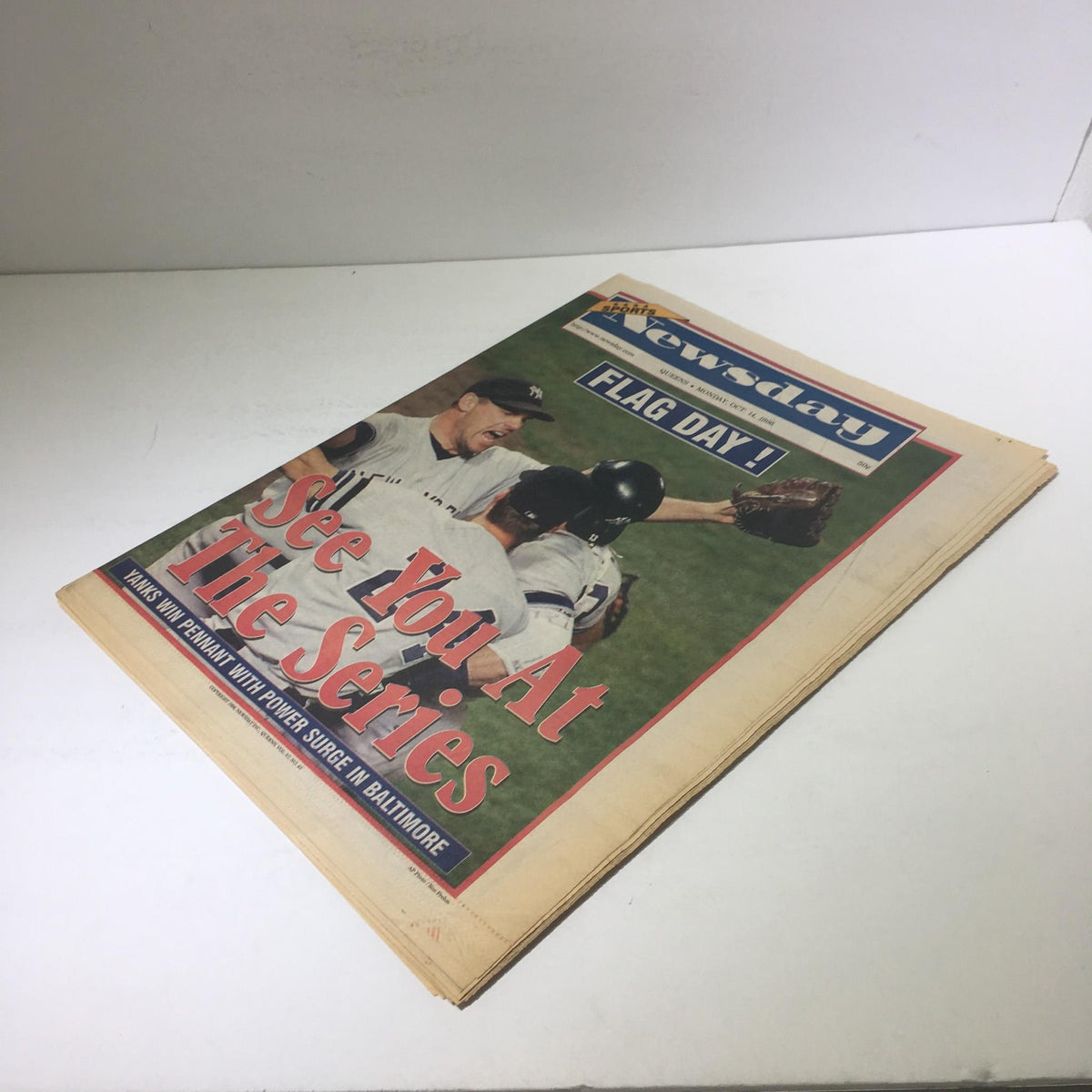 Newsday newspaper from October 14, 1996, featuring the headline 'See You At The Series' with a baseball image, prominent coverage of Flag Day.