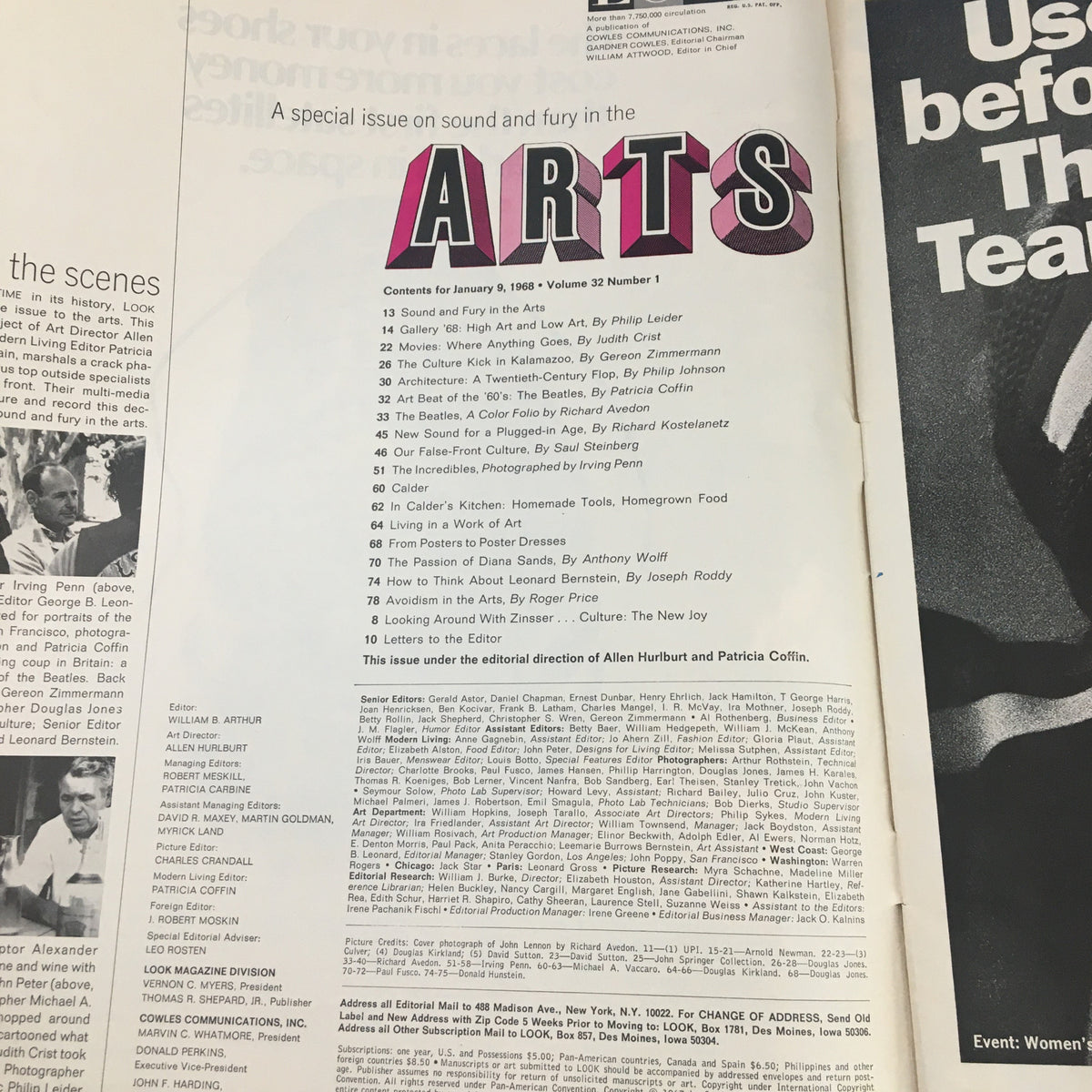 Contents page of Look Magazine January 9, 1968, showcasing sections on arts and culture, including features on John Lennon.