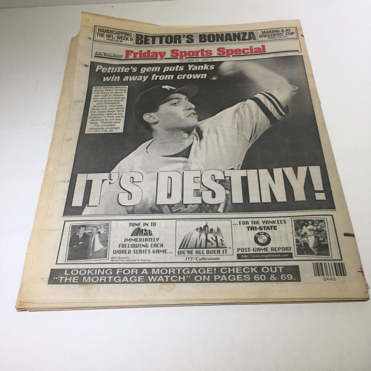 Another edition of the New York Post: Oct 25 1996 One Mo' Time, featuring a bold headline about a pivotal Yankees game, illustrating the excitement of the World Series.