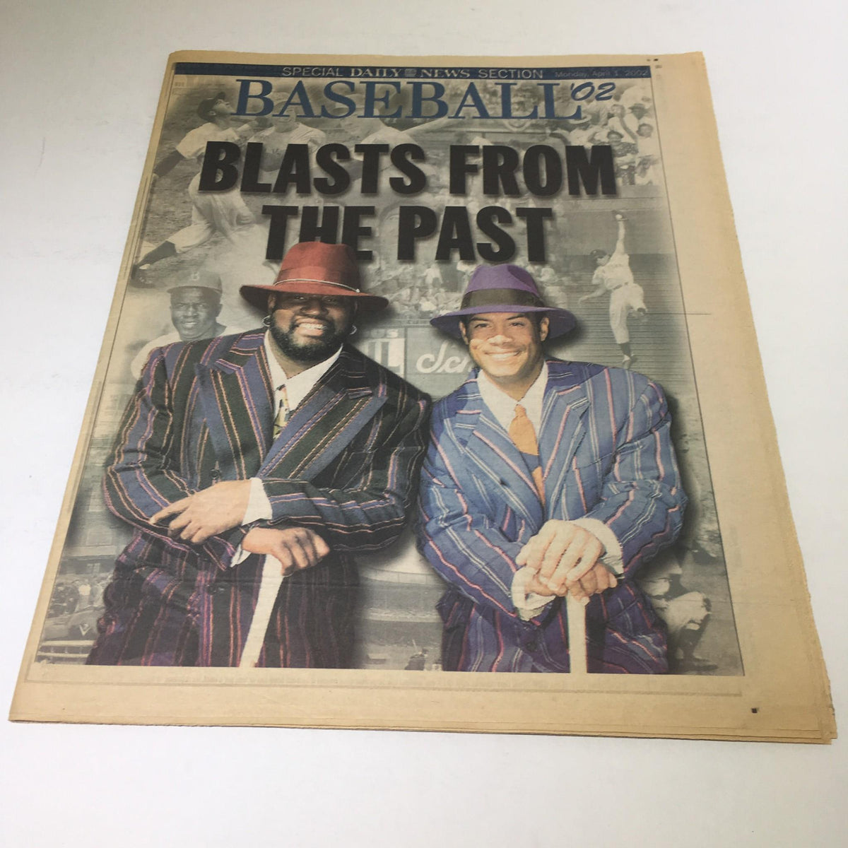 Special New York Daily News: April 1 2002 Blast From The Past Baseball '02 cover featuring two men in stylish pinstripe suits holding canes.