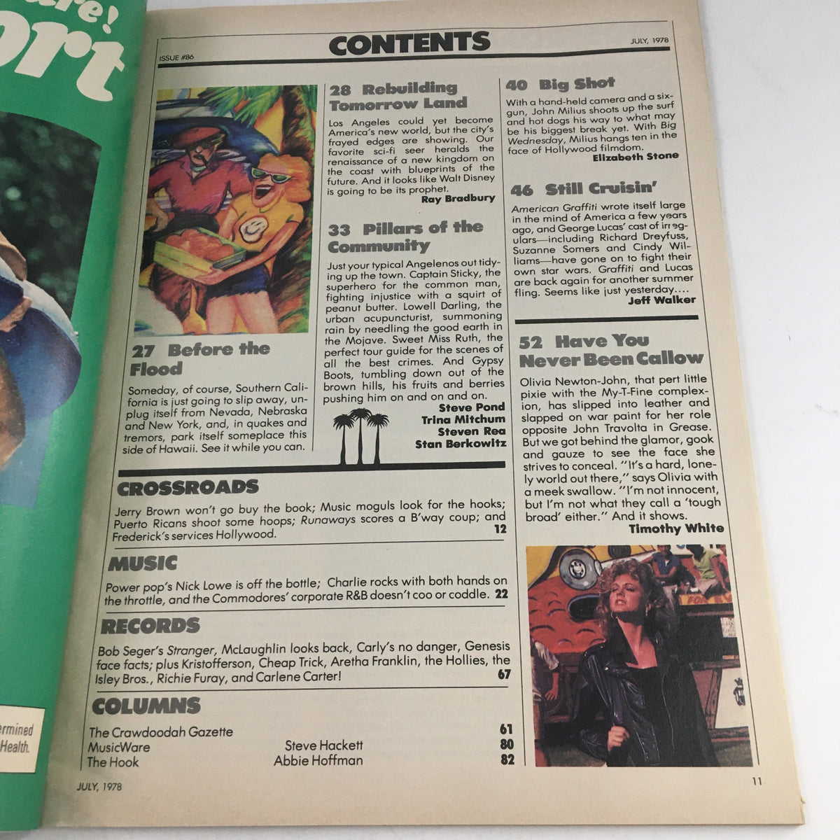 Contents page of Crawdaddy Magazine July 1978 showcasing articles and features, including a section about Olivia Newton-John.