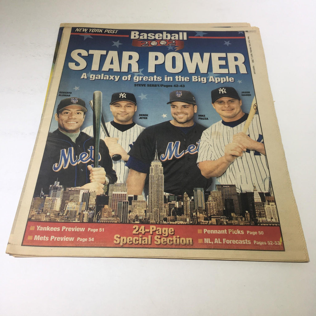 Cover of New York Post: April 1 2002 Star Power, A Galaxy of Great in the Big Apple featuring baseball players from the Mets and Yankees.