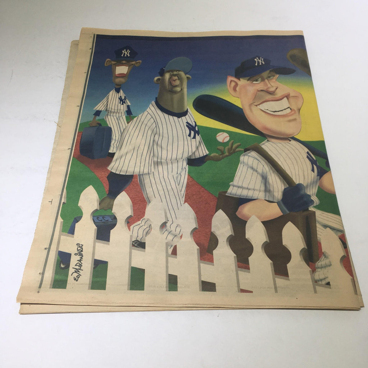 Illustration on the back of the New York Post: April 1 2002 Star Power, A Galaxy of Great in the Big Apple depicting caricatures of New York Yankees players.