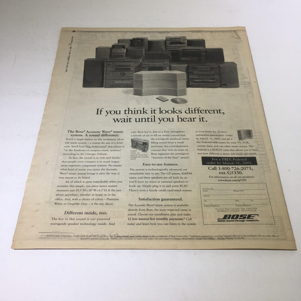 Back page advertisement in the New York Post: April 1 2002 Star Power, A Galaxy of Great in the Big Apple promoting Bose Acoustic Wave music system.
