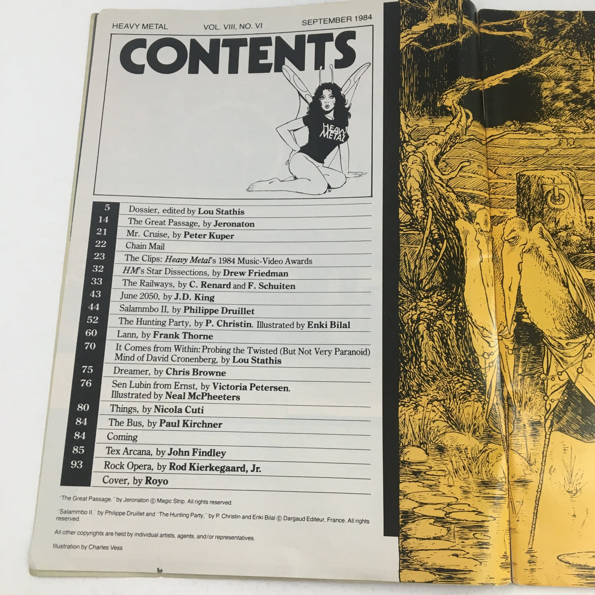 Contents page of Heavy Metal Fantasy Magazine September 1984, detailing featured stories including The Railways by C. Renard and other notable works.