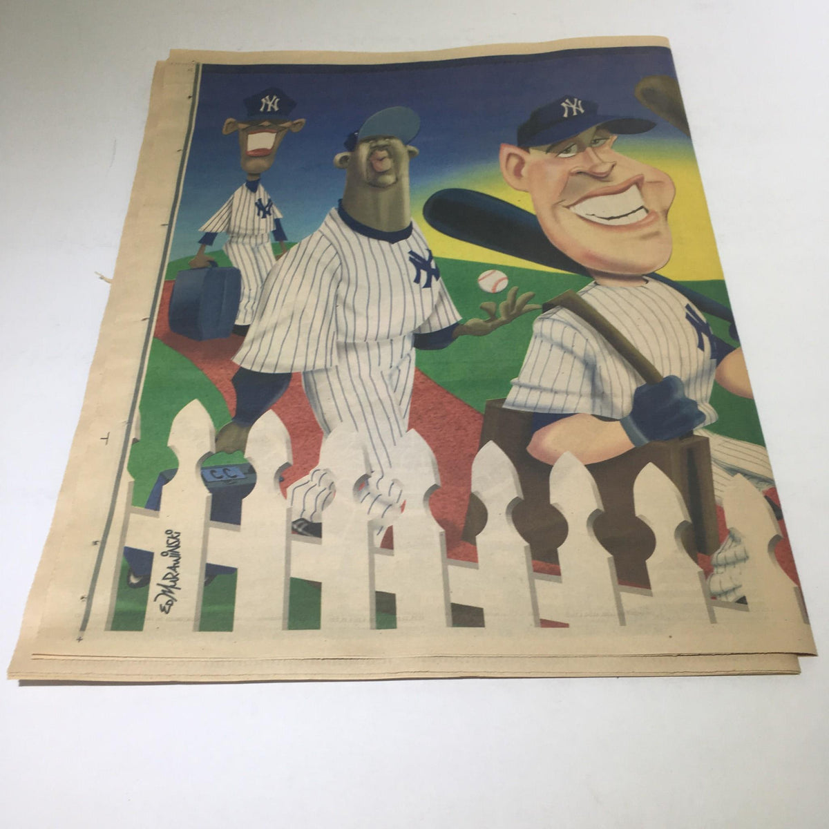 New York Daily News: April 16 2009 Opening Day, Home Sweet Home. Another colorful illustration of Yankee players walking past a white picket fence, symbolizing home and the celebration of baseball.