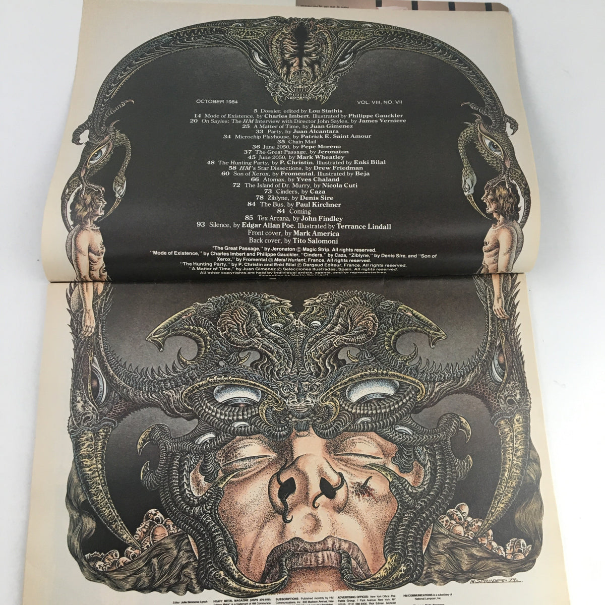 Inside page of Heavy Metal Fantasy Magazine October 1984 displaying the content list alongside intricate artwork, showcasing the magazine's artistic blend of fantasy and graphic storytelling.