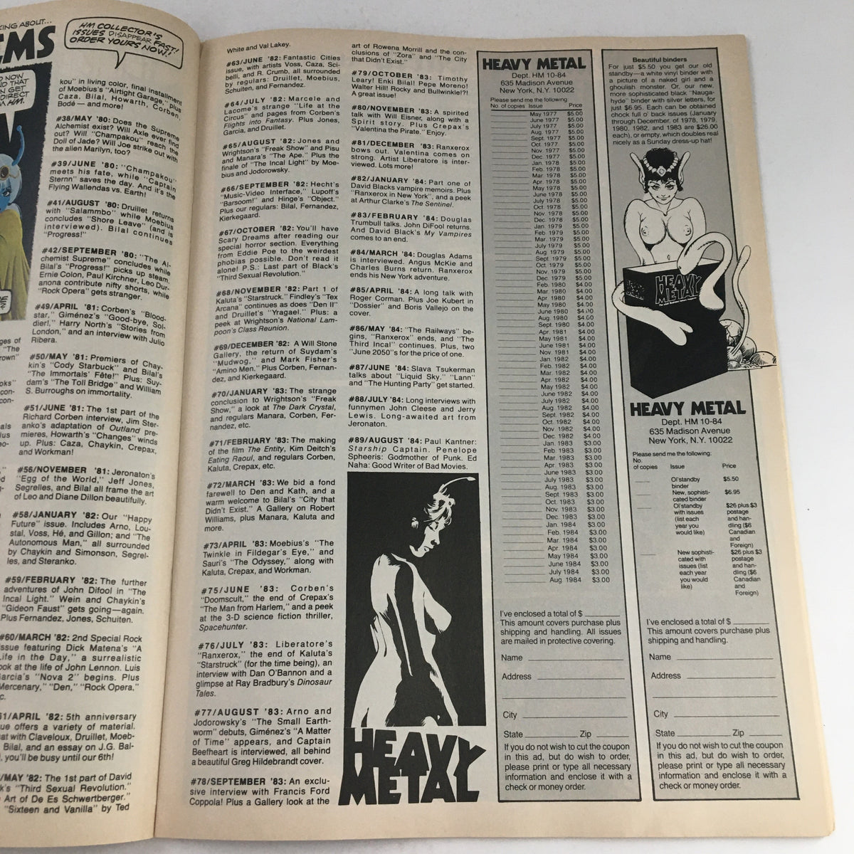 Heavy Metal Fantasy Magazine October 1984 - Table of contents and subscription information page highlighting past and upcoming issues.