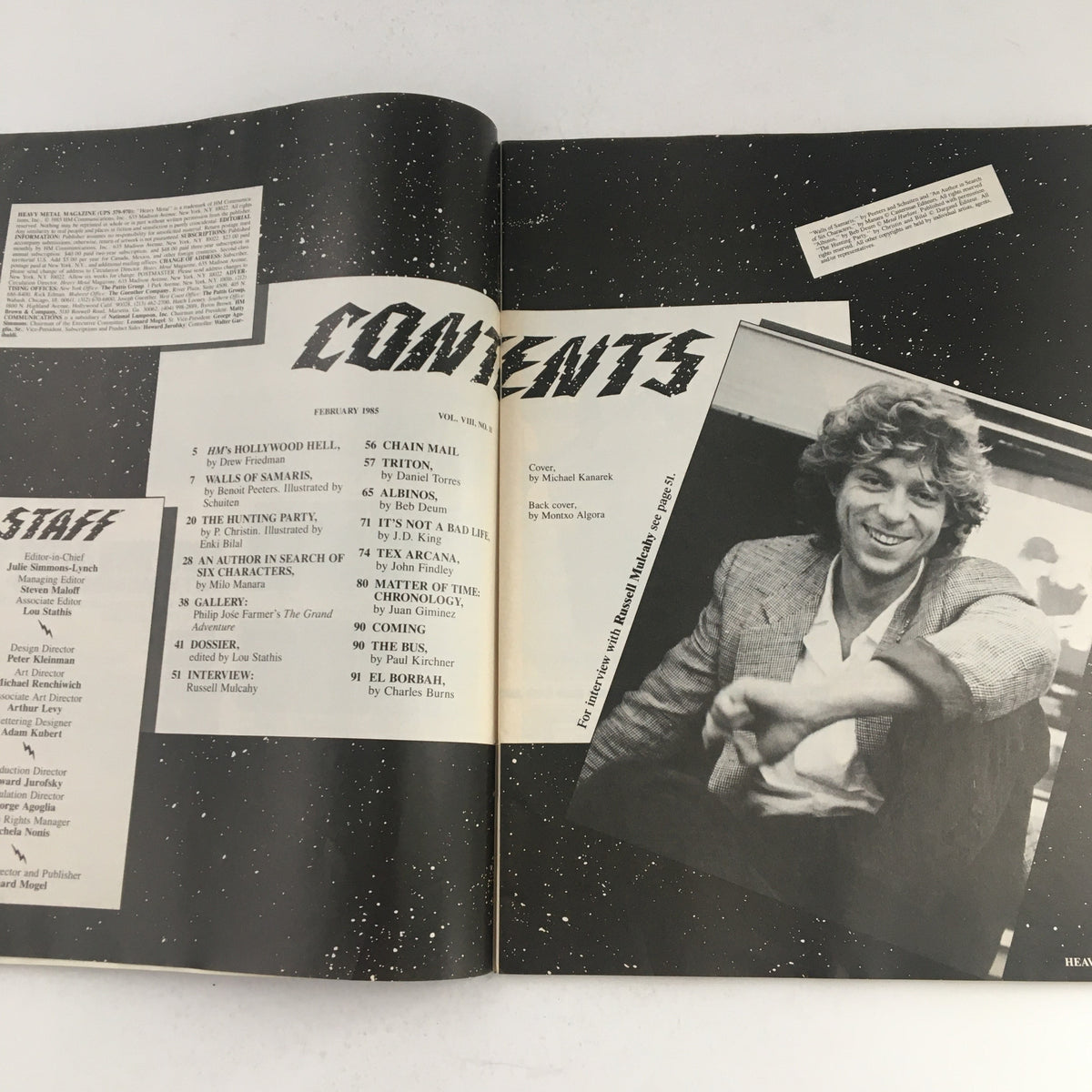 Contents page of Heavy Metal Fantasy Magazine February 1985 The Hunting Party by P. C., featuring listings of articles, staff details, and a portrait photo of an interviewee.