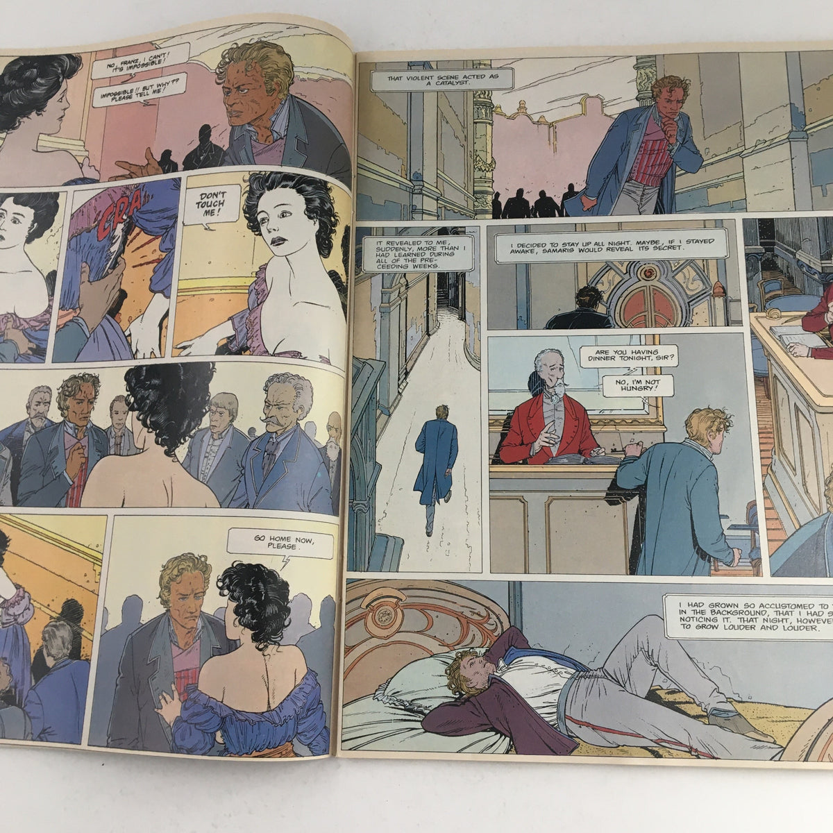Interior comic page from Heavy Metal Fantasy Magazine February 1985 The Hunting Party by P. C., featuring colorful illustrations and character dialogue, showcasing the magazine's storytelling.