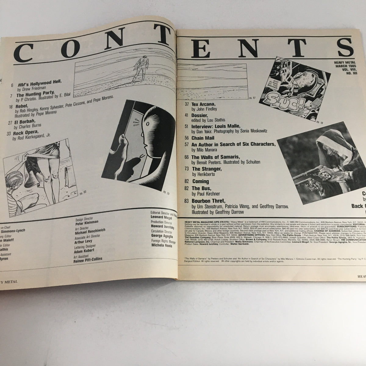 Contents page of Heavy Metal Fantasy Magazine March 1985, detailing articles including the notable story 'The Walls of Samaris' by B. Peeters, highlighting the magazine's rich editorial lineup.