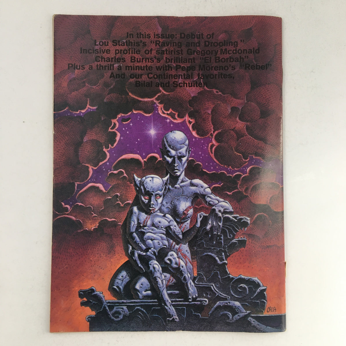Heavy Metal Fantasy Magazine March 1985 cover image showcasing striking artwork and a description of featured content including profiles and comics.