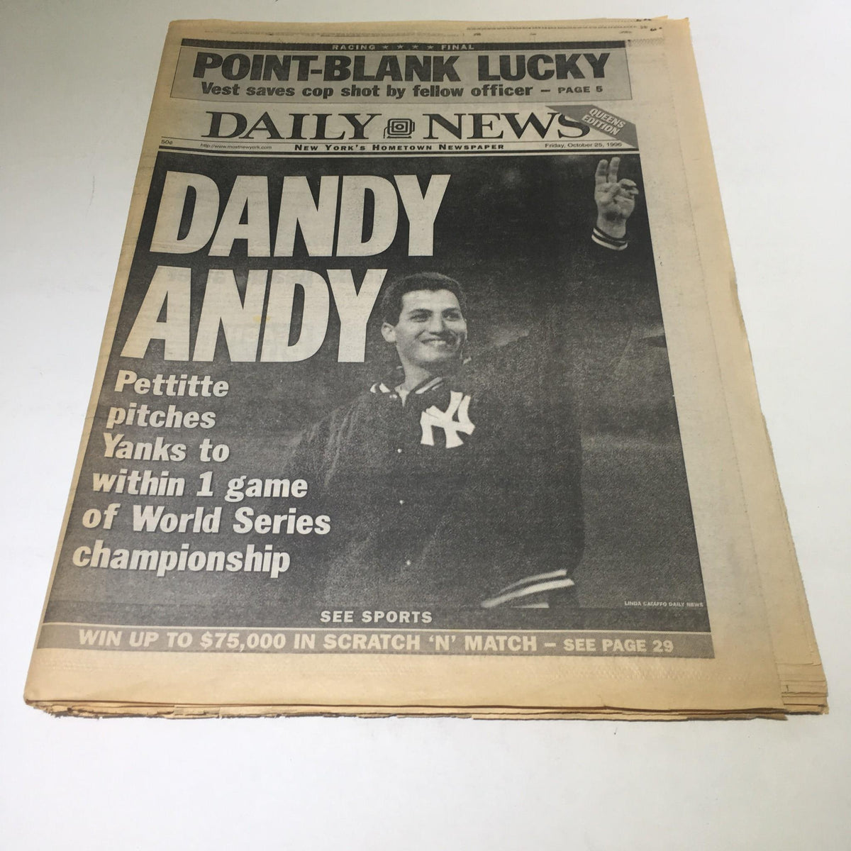 Front page of the New York Daily News from October 25, 1996, featuring the headline 'Dandy Andy' about Pettitte pitching the Yankees within 1 game of World Series Championship.