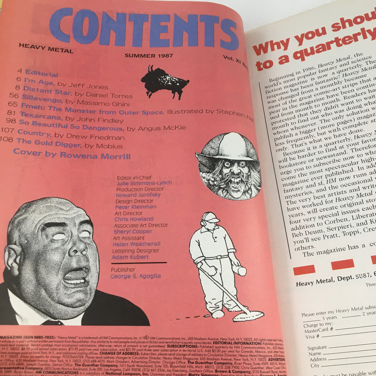 Contents page of Heavy Metal Fantasy Magazine Summer 1987, detailing featured stories and artists, including 'Fmeh: The Monster from Outer Space' and illustrations by renowned artists.