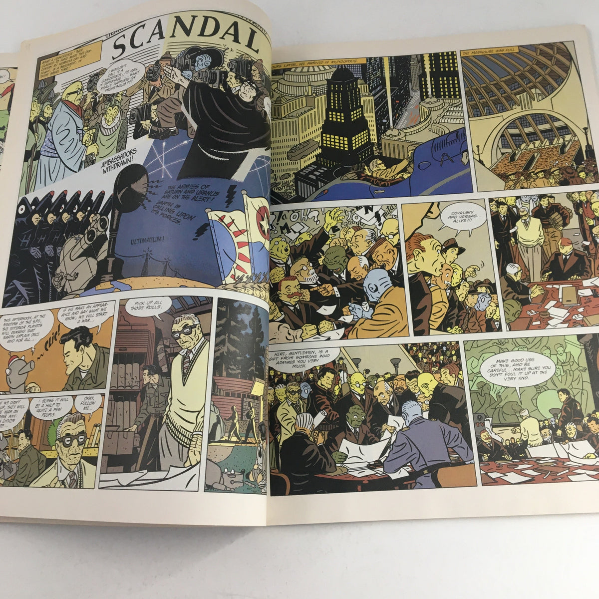Comic pages from Heavy Metal Fantasy Magazine Summer 1987 showcasing a scene related to a scandal, with diverse characters and dramatic imagery.