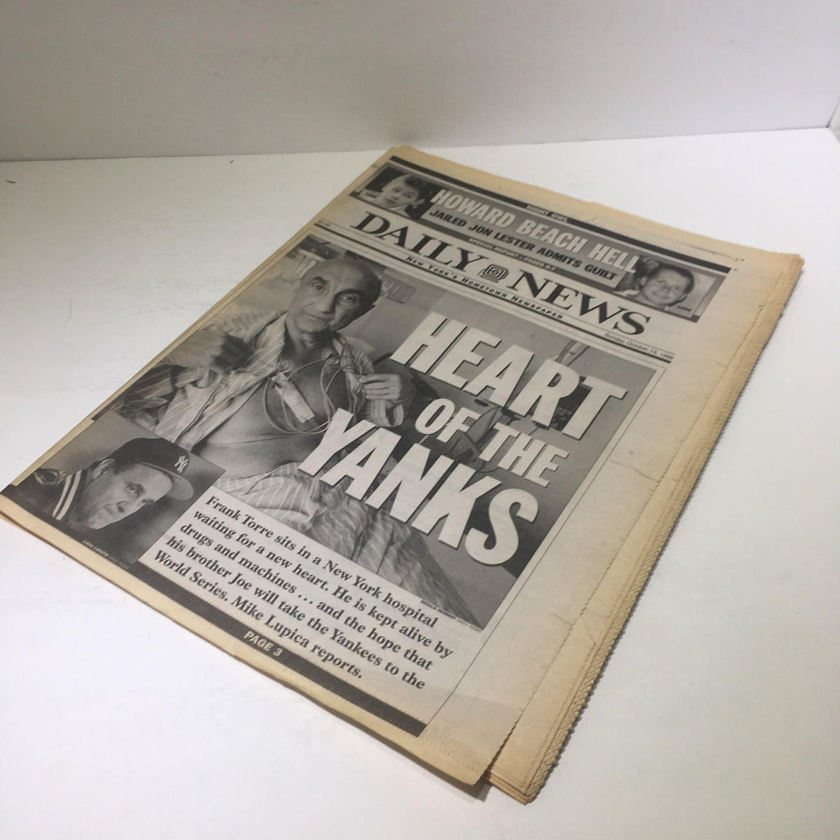 New York Daily News from October 13, 1996 featuring the headline 'Heart of the Yanks', showcasing Frank Torre in a hospital setting along with a minor image, highlighting themes of hope and resilience related to the New York Yankees.