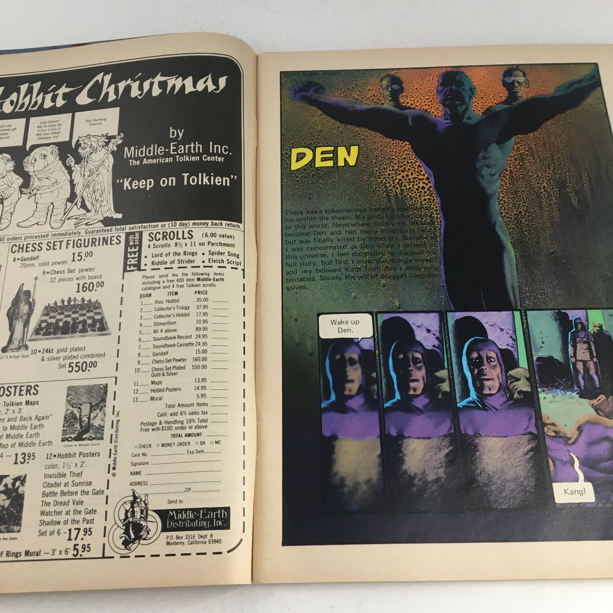 Inside pages of Heavy Metal Magazine December 1977 showcasing the advertisement for Middle-Earth Inc. and a page from the comic 'Den' featuring dramatic illustrations.